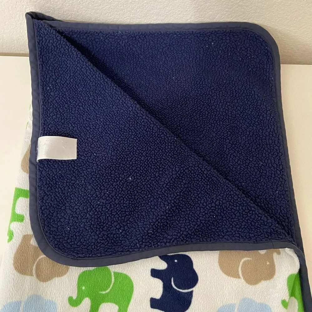 Carter’s Elephant Baby Blanket 30x40 Green Blue Tan Navy White Plush Sherpa